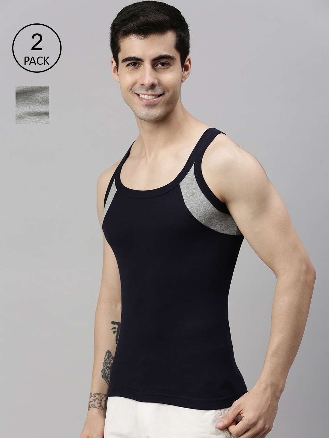 

Lux Cozi Men Pack of 2 Grey & Navy Blue Solid Pure Cotton Innerwear Vests