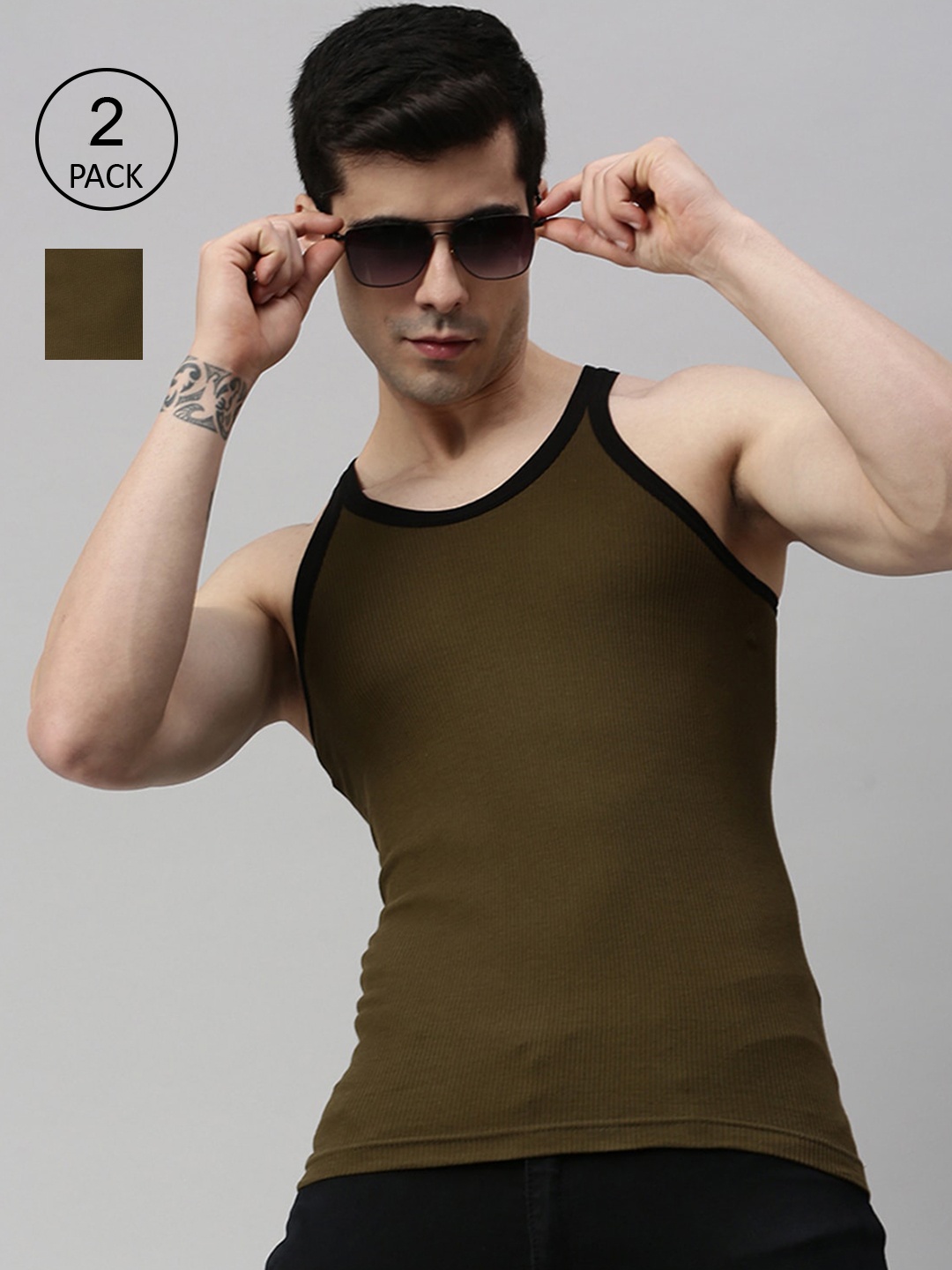 

Lux Cozi Men Pack of 2 Olive-coloured Solid Pure Cotton Innerwear Vests