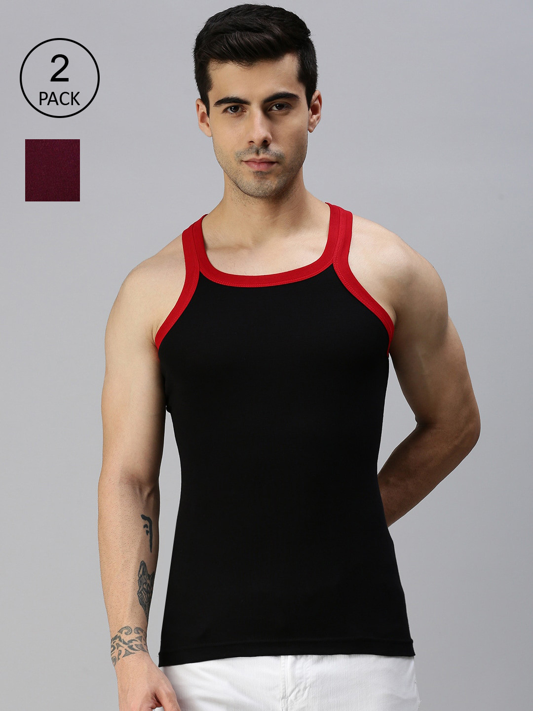 

Lux Cozi Men Men Pack of 2 Black & Maroon Solid Pure Cotton Gym Vests