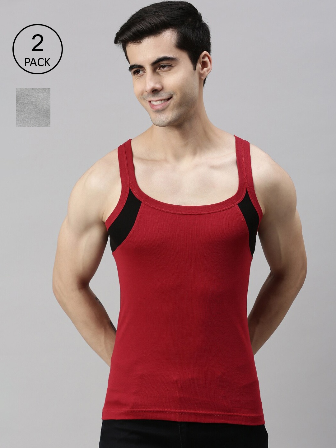 

Lux Cozi Men Pack of 2 Grey & Red Solid Pure Cotton Innerwear Vests