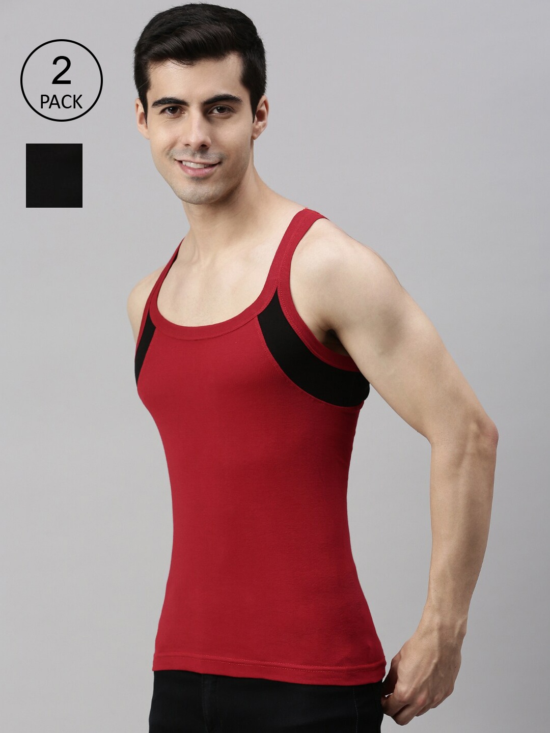 

Lux Cozi Men Pack Of 2 Black & Red Solid Pure Cotton Innerwear Vests