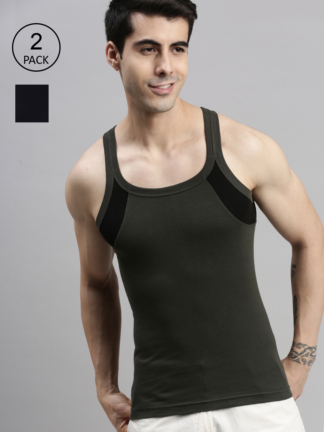 

Lux Cozi Men Pack of 2 Navy Blue And Olive Green Organic Cotton Innerwear Vests
