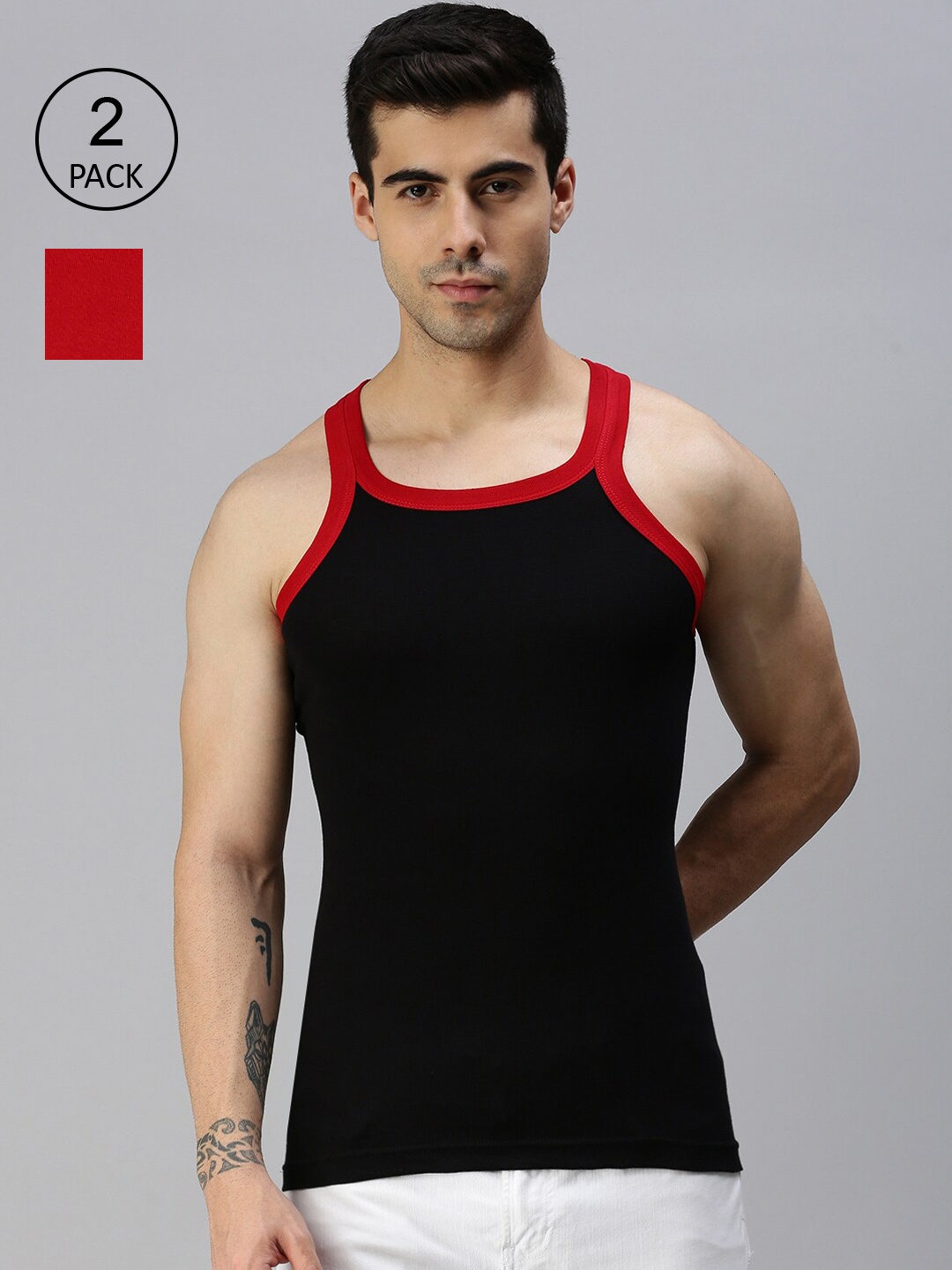 

Lux Cozi Men Pack Of 2 Solid Pure Cotton Innerwear Vests, Black