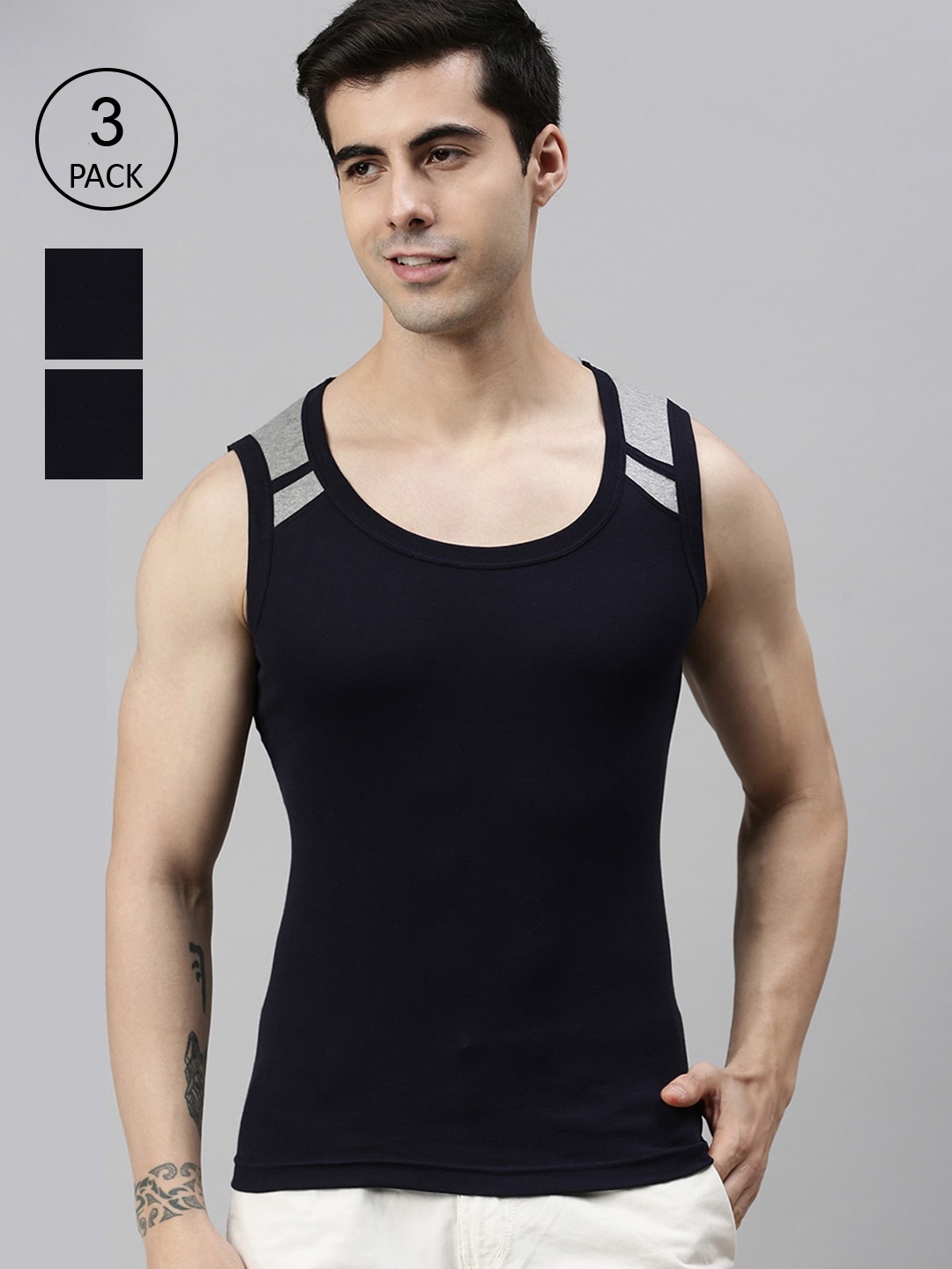 

Lux Cozi Pack Of 3 Men Navy Blue Solid Organic Cotton Gym Innerwear Vests