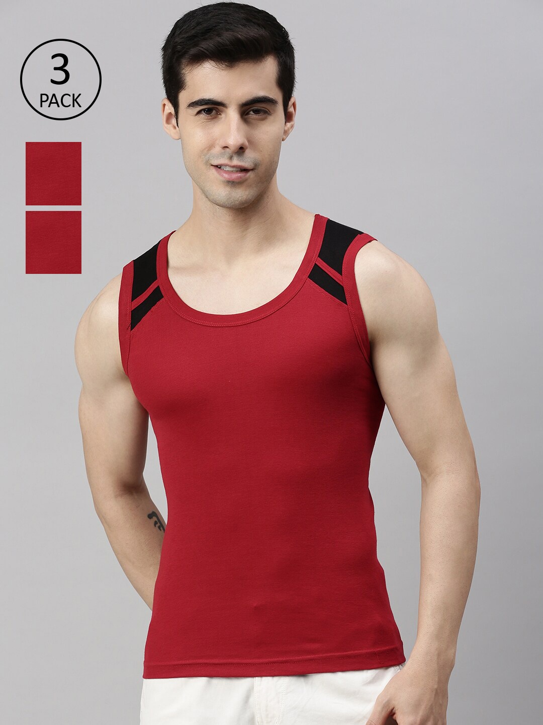 

Lux Cozi Plus Size Men Pack Of 3 Solid Cotton Gym Vests, Red