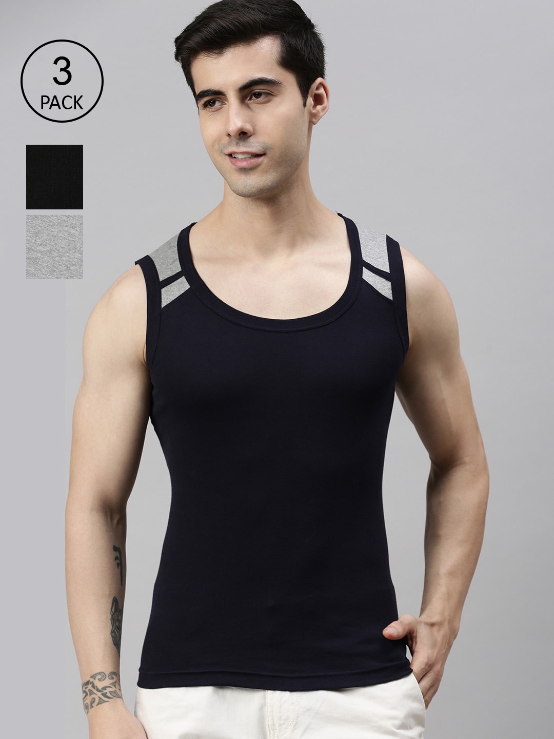 

Lux Cozi Men Plus Size Pack Of 3 Solid Pure Cotton Innerwear Gym Vests, Black