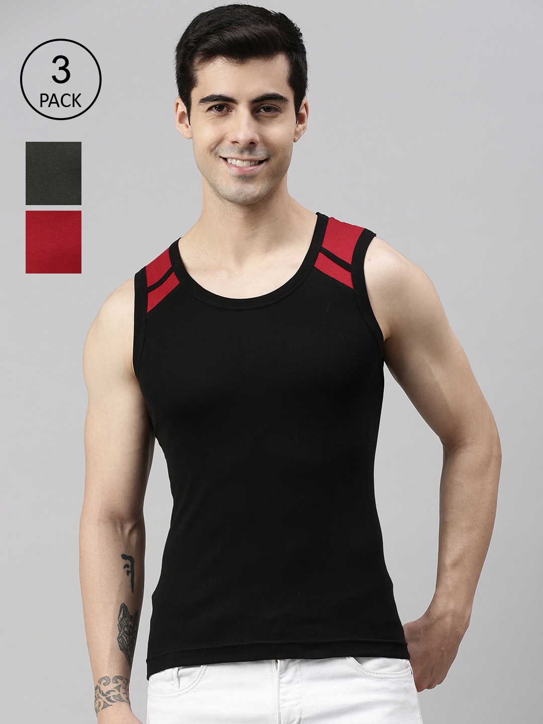 

Lux Cozi Men Pack Of 3 Red Olive & Black Organic Cotton Innerwear Vests