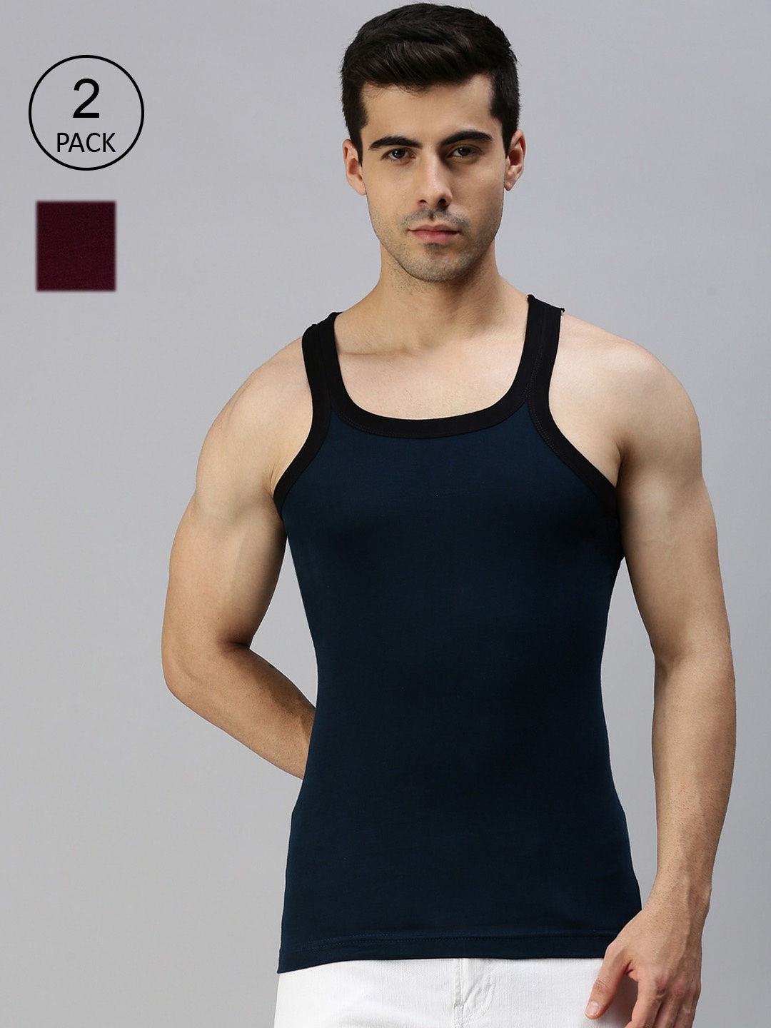 

Lux Cozi Men Pack Of 2 Blue & Maroon Solid Pure Cotton Gym Vests