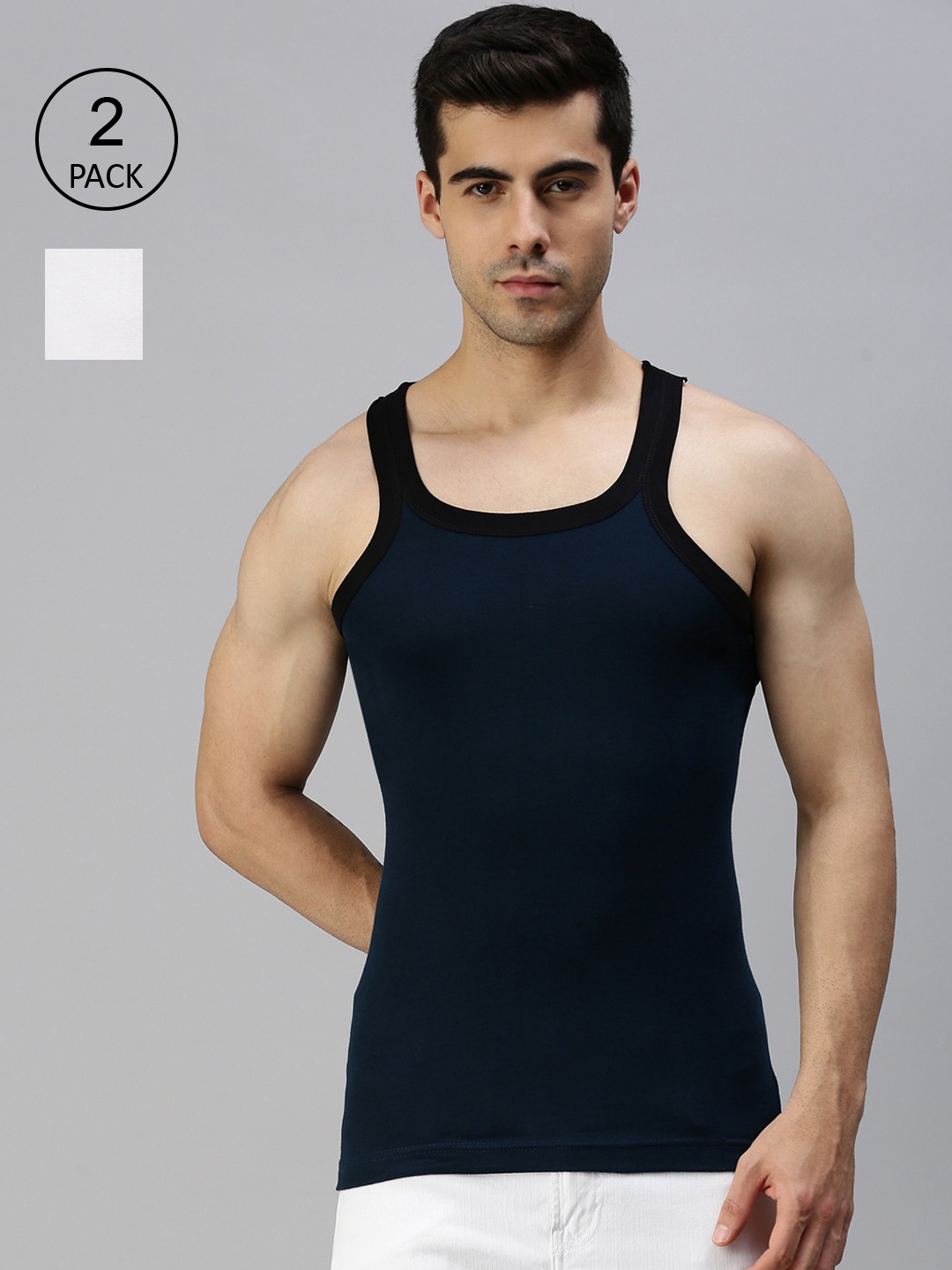 

Lux Cozi Men Men Pack of 2 Blue & White Solid Pure Cotton Gym Vests