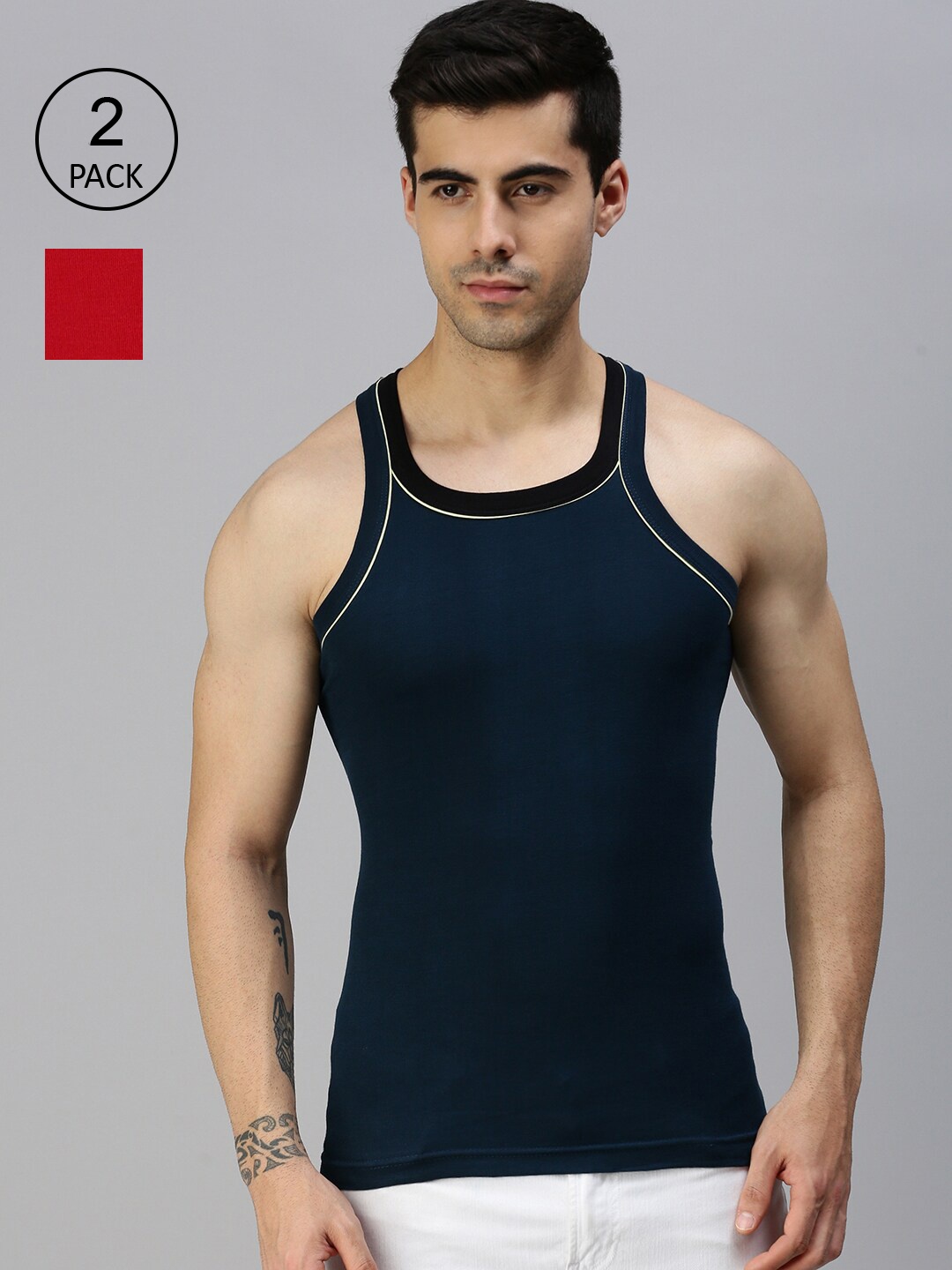 

Lux Cozi Men Plus Size Pack Of 2 Blue & Red Solid Pure Cotton Innerwear Gym Vests