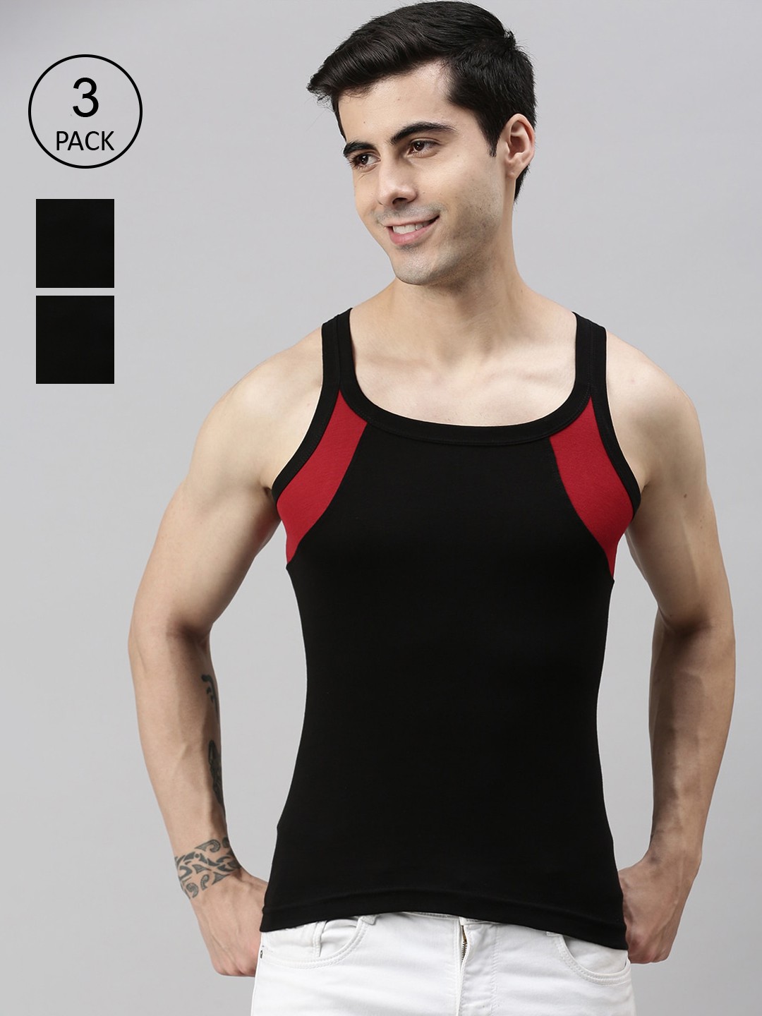 

Lux Cozi Men Pack Of 3 Black Solid Pure Cotton Innerwear Gym Vests