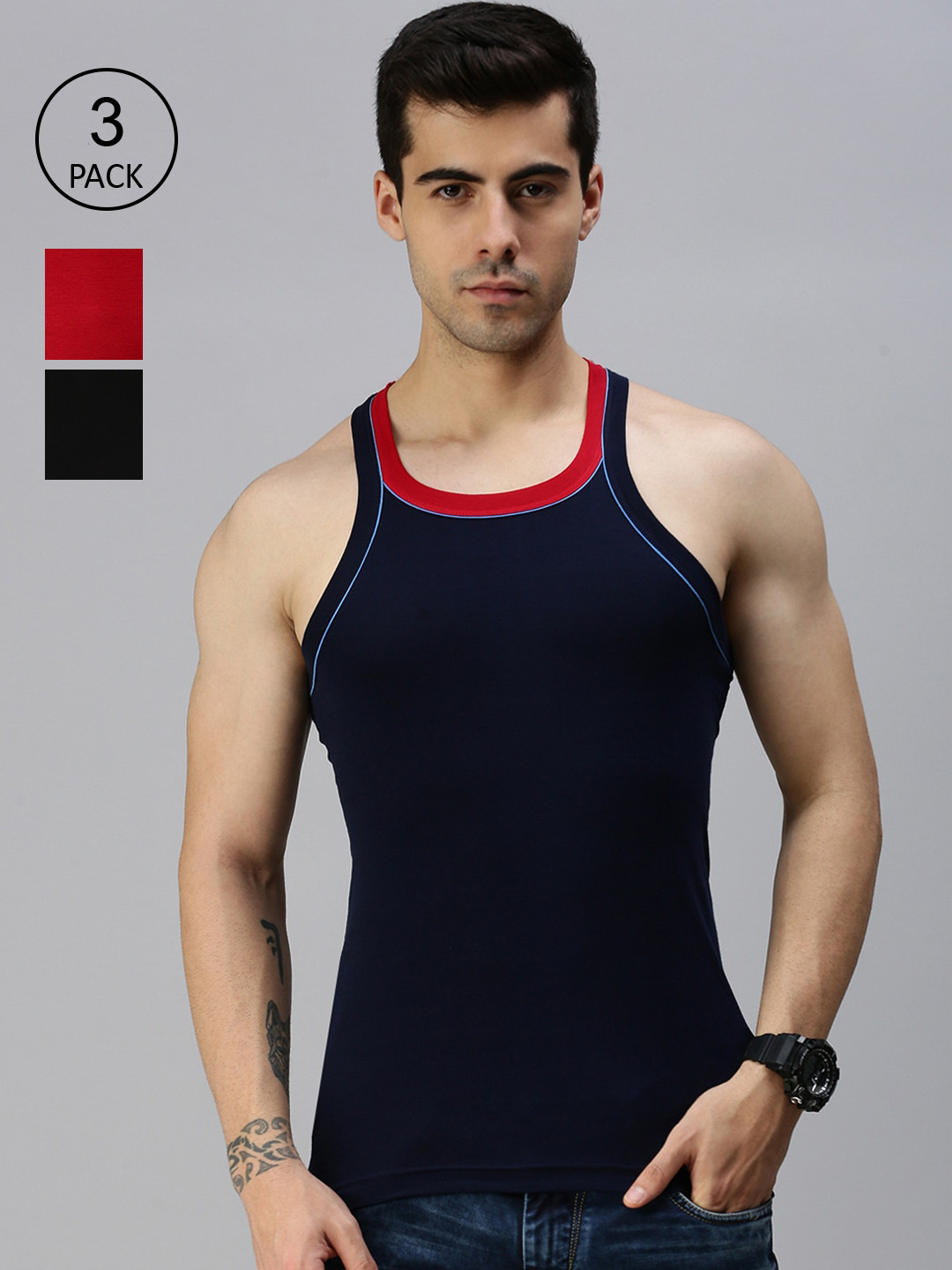 

Lux Cozi Men Pack of 3 Black & Red Solid Cotton Innerwear Vests