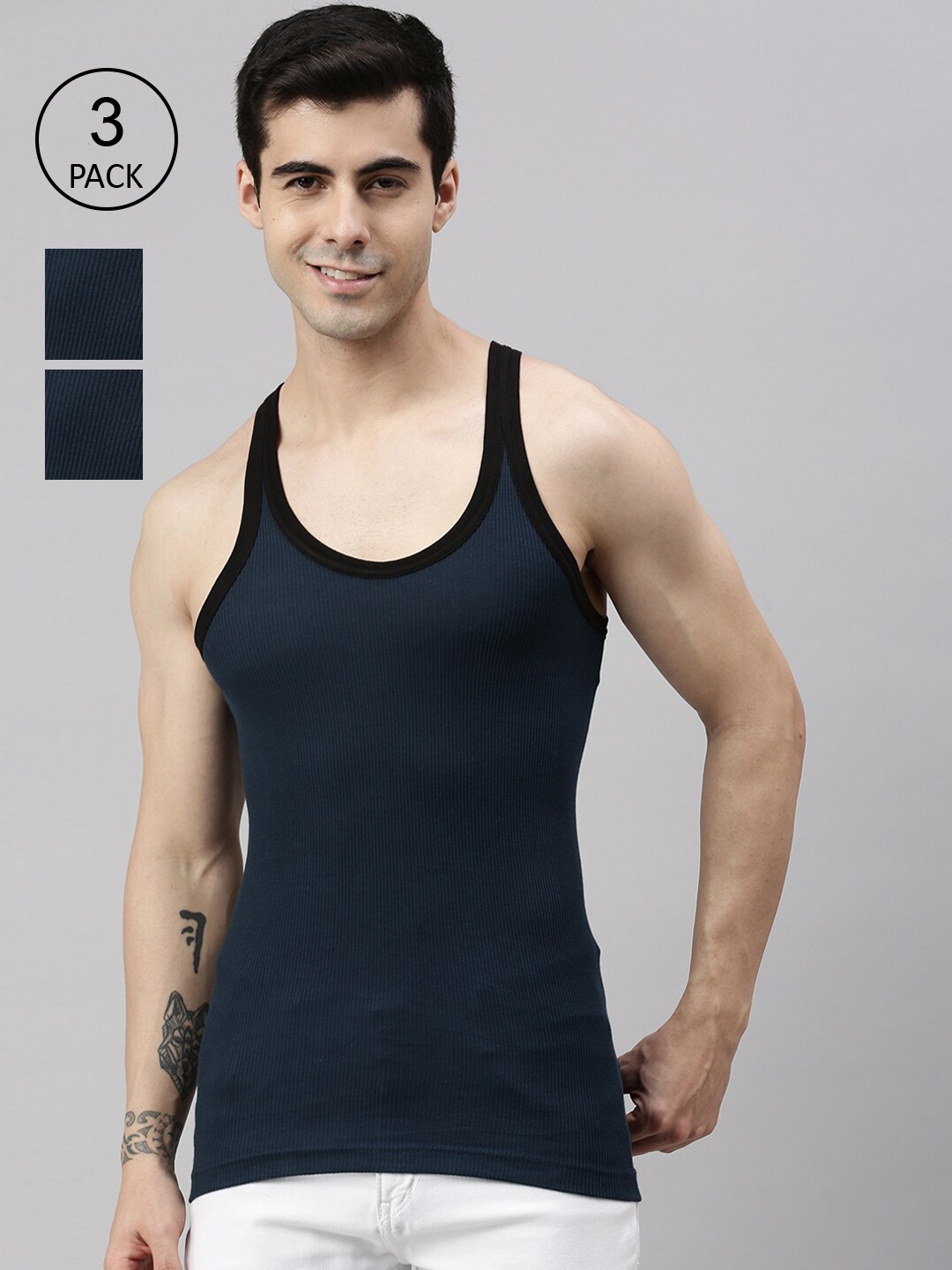 

Lux Cozi Men Pack Of 3 Solid Pure Cotton Innerwear Gym Vests, Blue