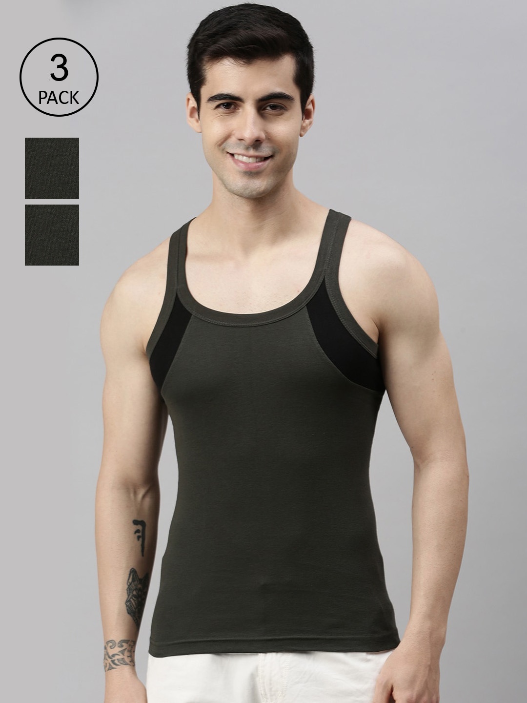 

Lux Cozi Men Pack of 3 Solid Pure Cotton Gym Vests, Olive