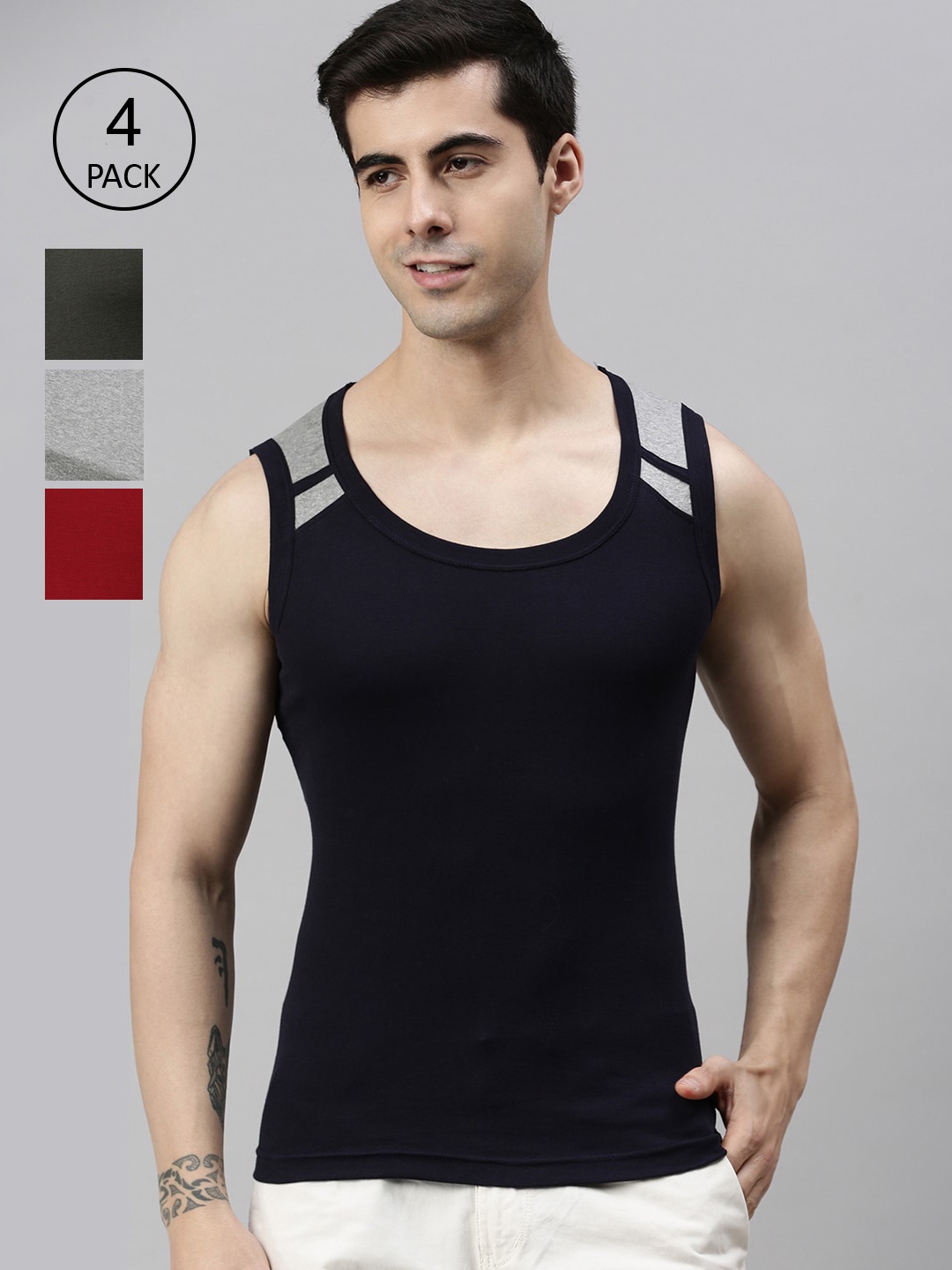 

Lux Cozi Men Pack Of 4 Solid Gym Innerwear Vests, Black
