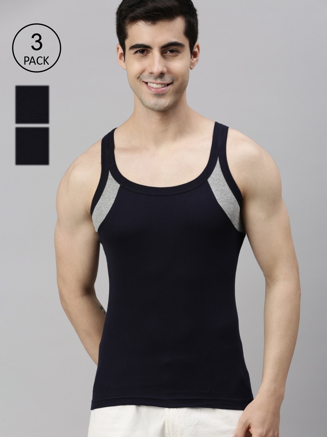 

Lux Cozi Men Pack Of 3 Organic Cotton Innerwear Vests, Navy blue