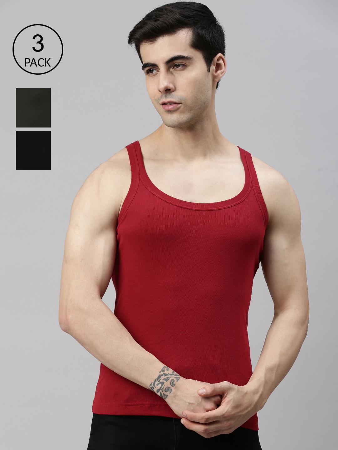 

Lux Cozi Men Pack of 3 Red Olive & Black Solid Organic Cotton Gym Vests