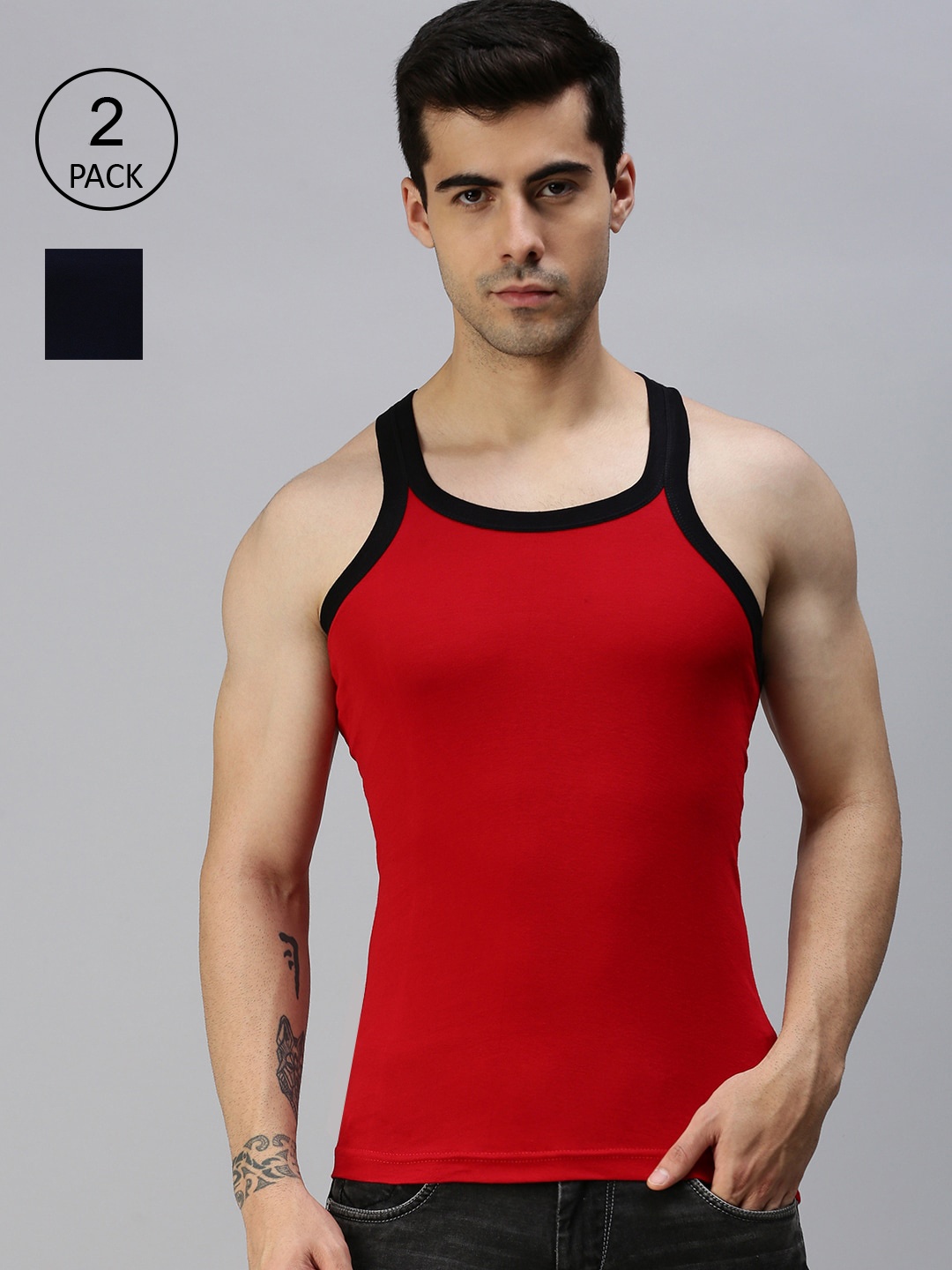 

Lux Cozi Men Pack of 2 Navy Blue & Red Solid Pure Cotton Gym Vests