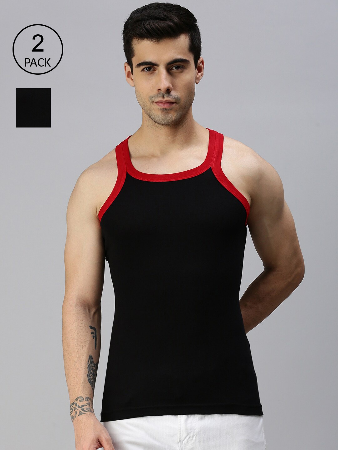 

Lux Cozi Men Pack Of 2 Black Solid Pure Cotton Innerwear Vests