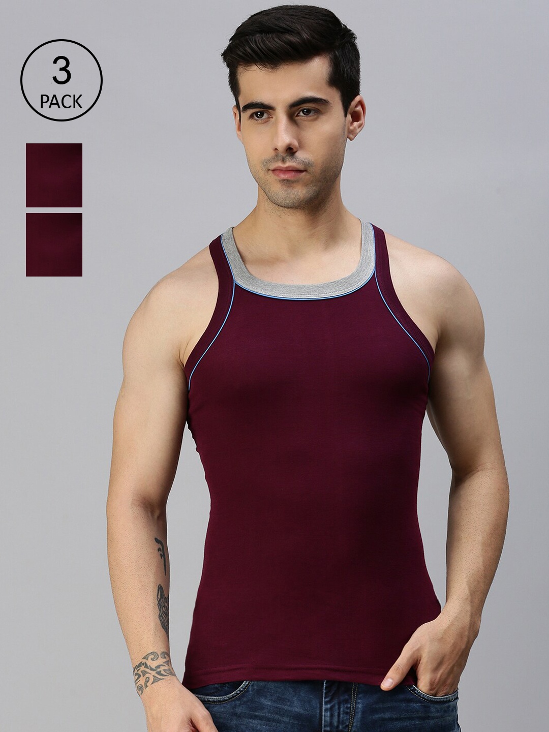 

Lux Cozi Men Pack of 3 Maroon Solid Pure Cotton Gym Vests