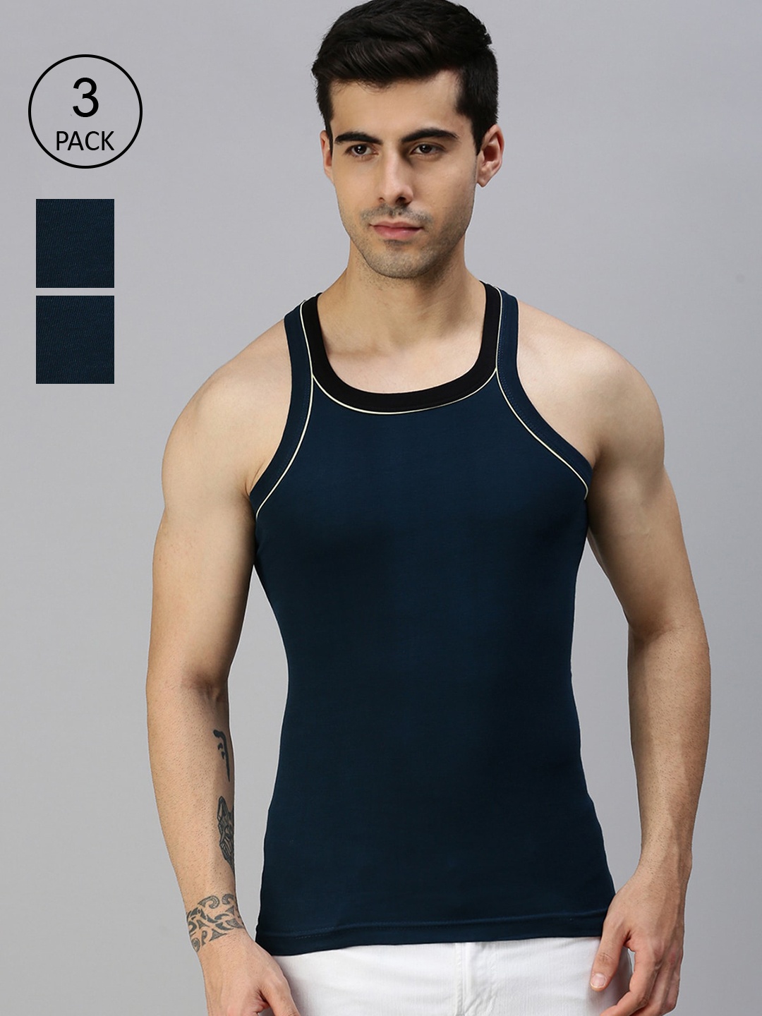 

Lux Cozi Men Pack Of 3 Solid Pure Cotton Innerwear Vests, Blue