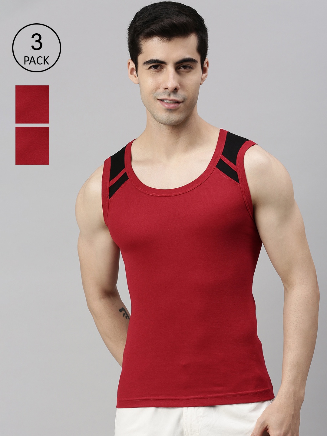 

Lux Cozi Men Pack of 3 Red Solid Organic Cotton Gym Vests