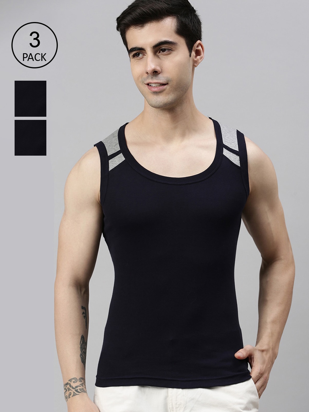 

Lux Cozi Men Pack of 3 Navy Blue & Grey Solid Cotton Innerwear Vests