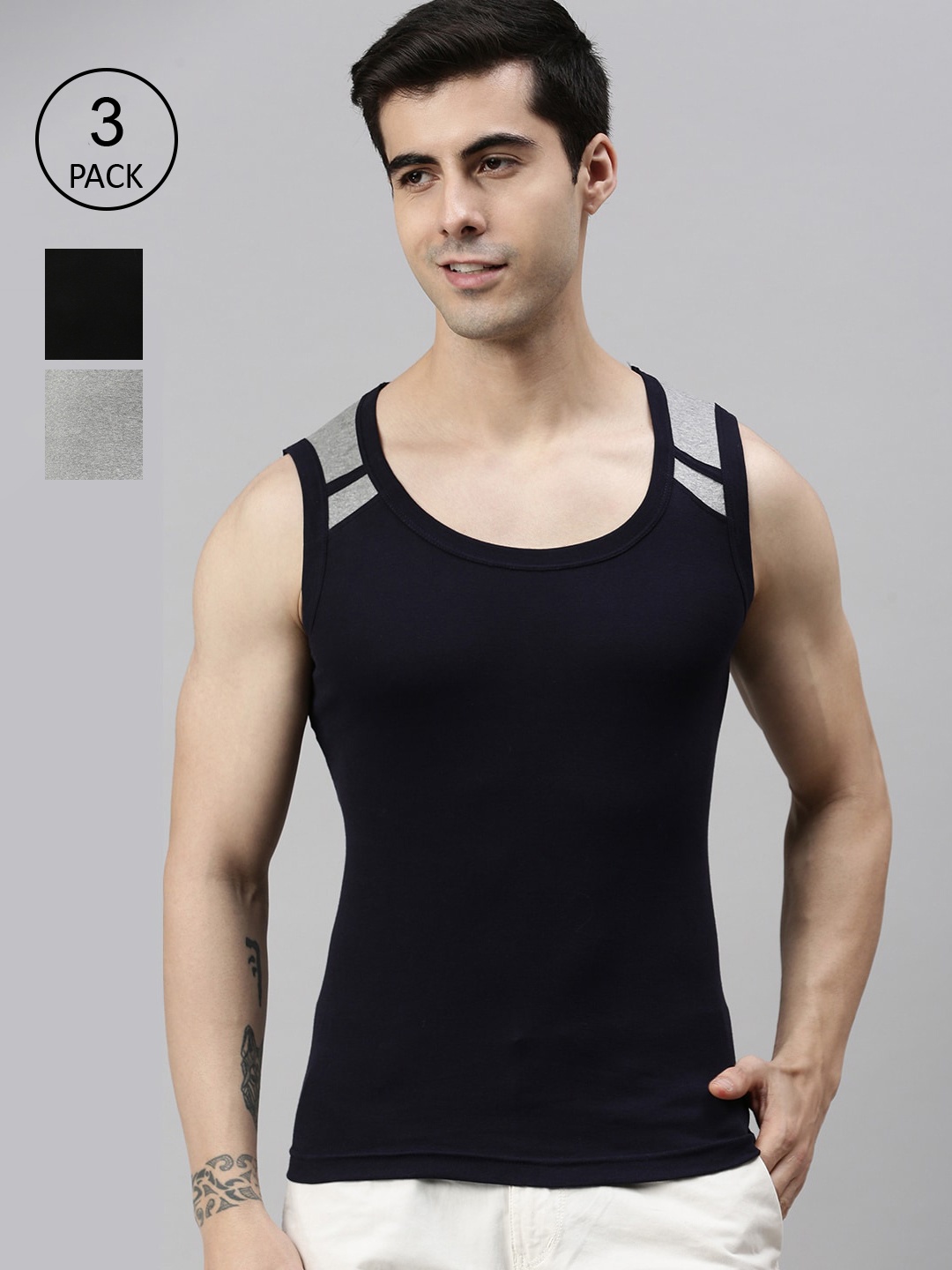 Lux Cozi Men Pack Of 3 Solid Organic Cotton Innerwear Vests, Black