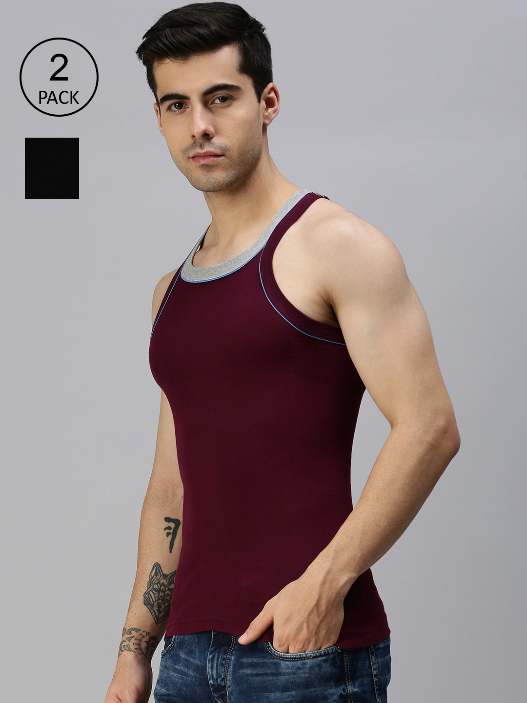 

Lux Cozi Men Pack of 2 Black & Maroon Solid Pure Cotton Innerwear Vests