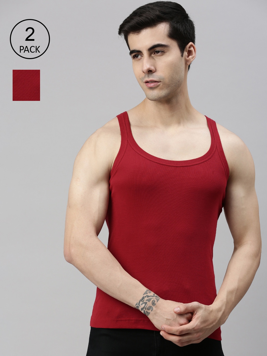 

Lux Cozi Men Pack Of 2 Solid Pure Cotton Gym Vests, Red
