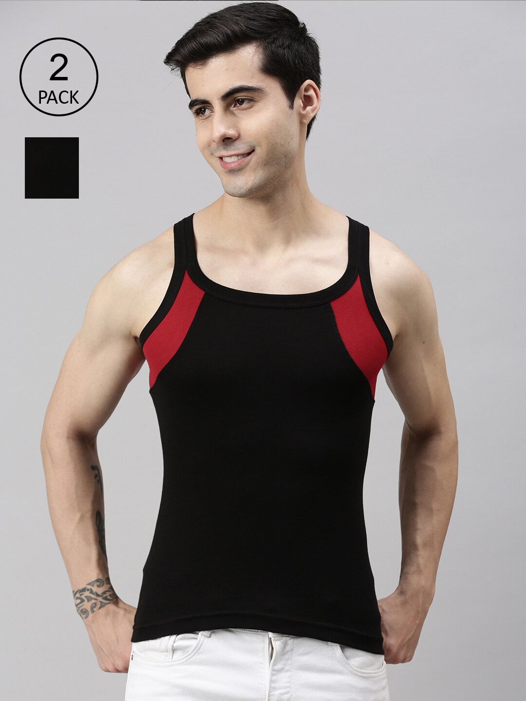 

Lux Cozi Men Pack Of 2 Solid Pure Cotton Innerwear Gym Vests, Black