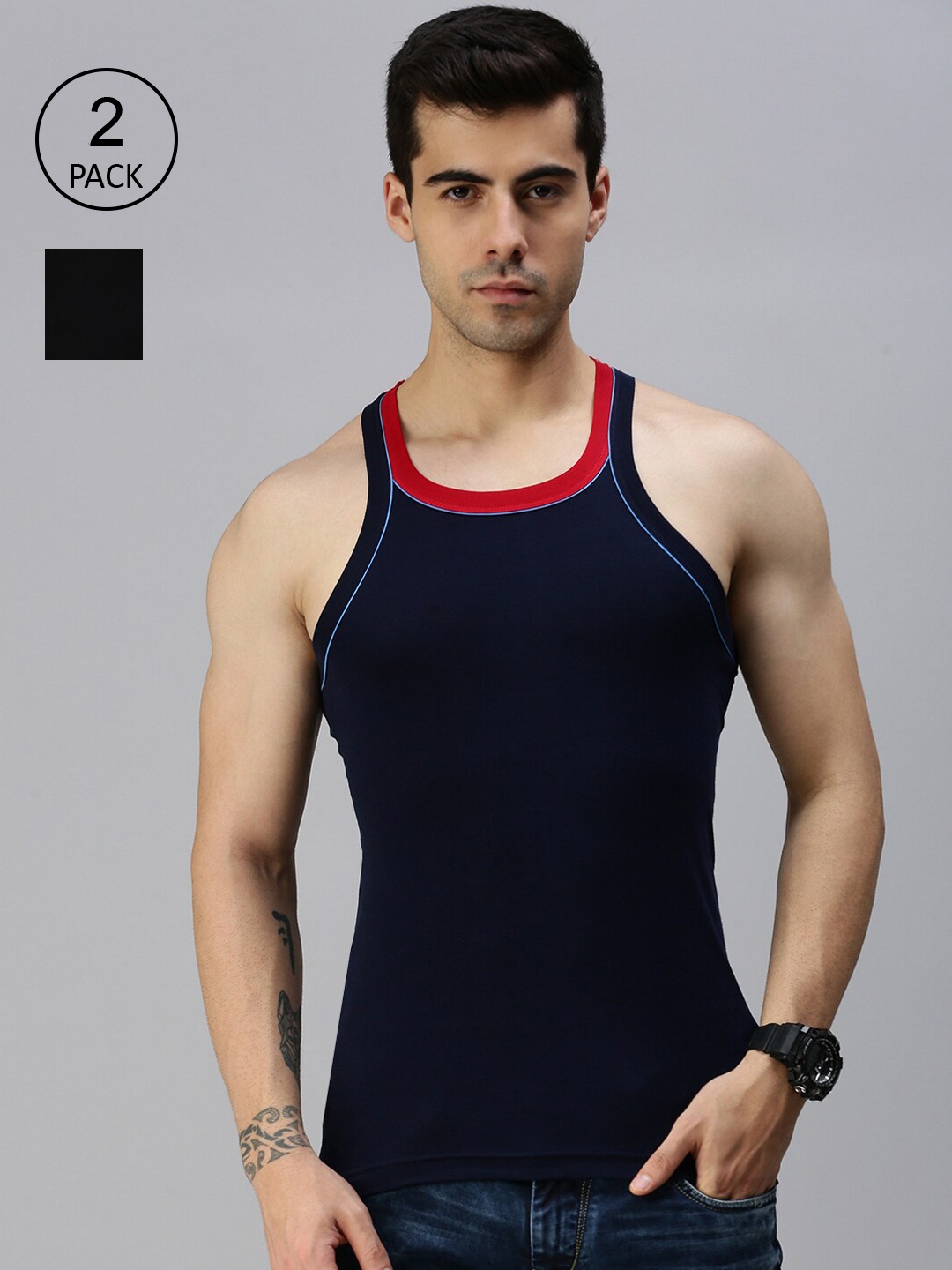 

Lux Cozi Men Pack of 2 Black & navy Blue Solid Pure Cotton Gym Vests