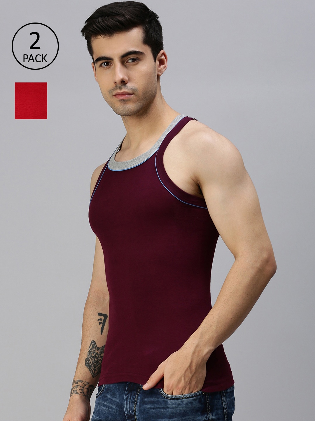 

Lux Cozi Men Pack of 2 Solid Organic Cotton Innerwear Vests, Maroon