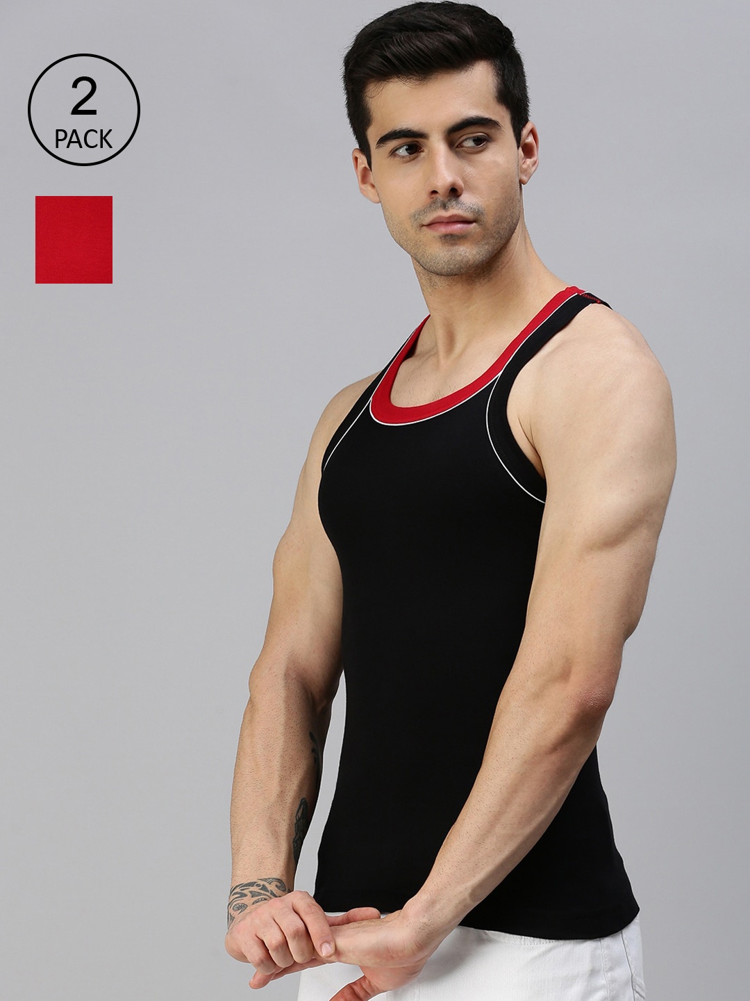 

Lux Cozi Men Pack of 2 Black & Red Solid Organic Cotton Gym Vests