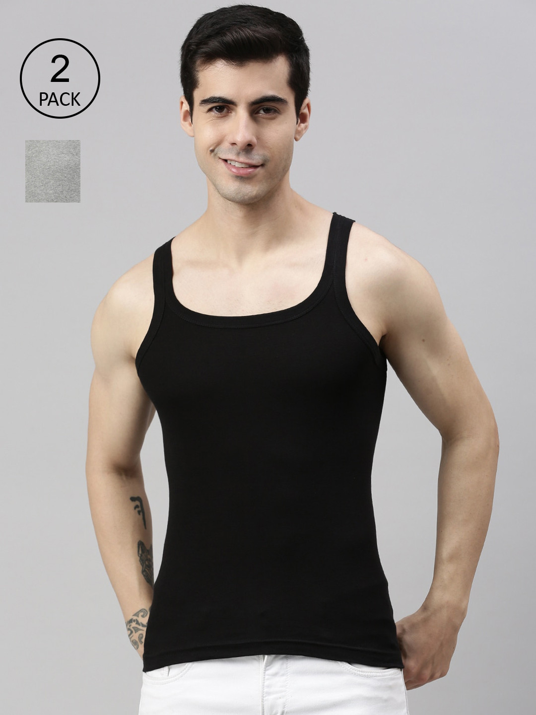 

Lux Cozi Men Pack Of 2 Solid Pure Cotton Gym Vests, Black