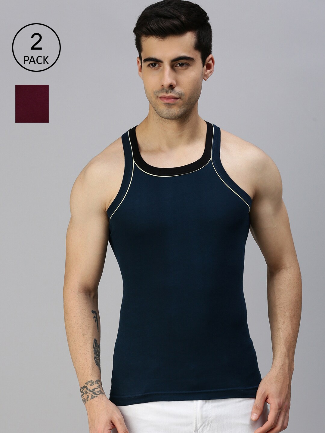

Lux Cozi Men Pack Of 2 Blue & Maroon Solid Pure Cotton Innerwear Vests