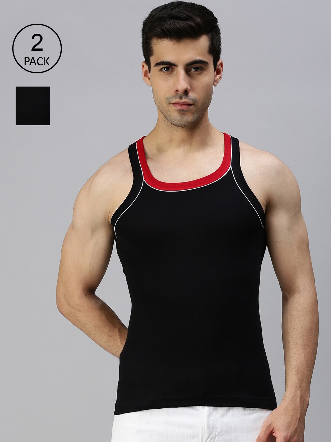 

Lux Cozi Men Pack Of 2 Solid Pure Cotton Gym Vests, Black
