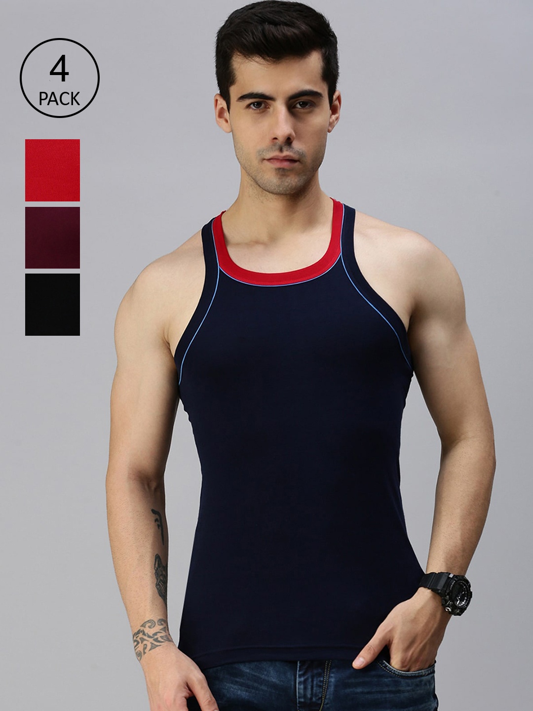 

Lux Cozi Men Pack of 4 Assorted Solid Pure Cotton Gym Vests