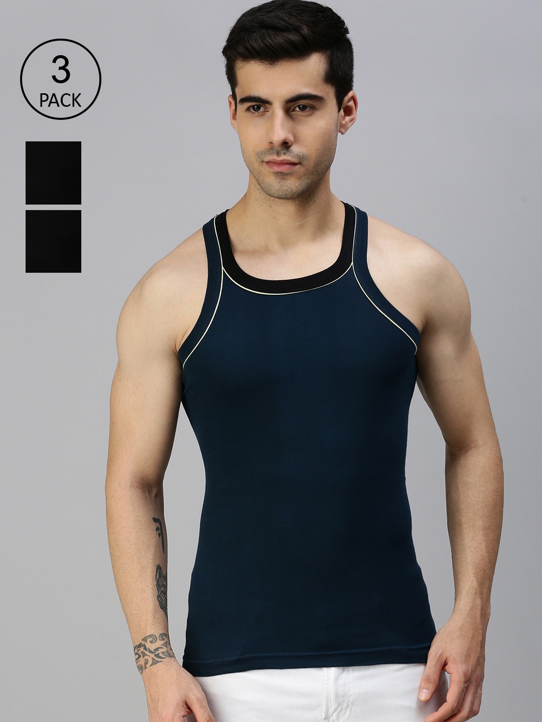 

Lux Cozi Men Pack Of 3 Solid Pure Cotton Innerwear Vests, Navy blue
