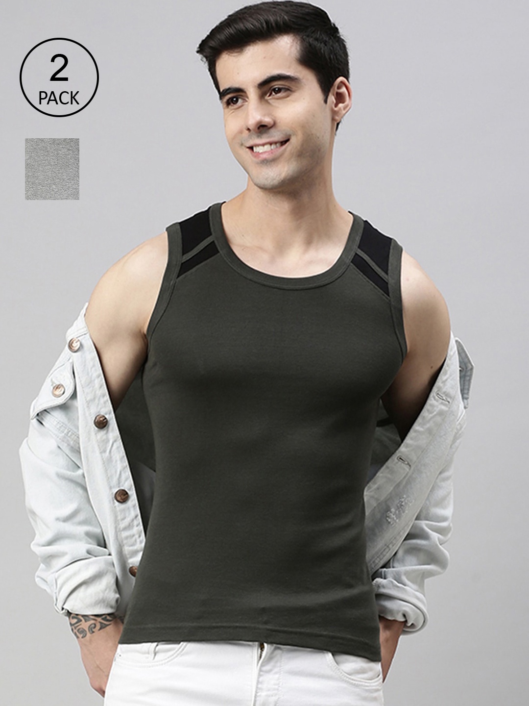 

Lux Cozi Men Pack Of 2 Solid Pure Cotton Innerwear Gym Vests, Grey