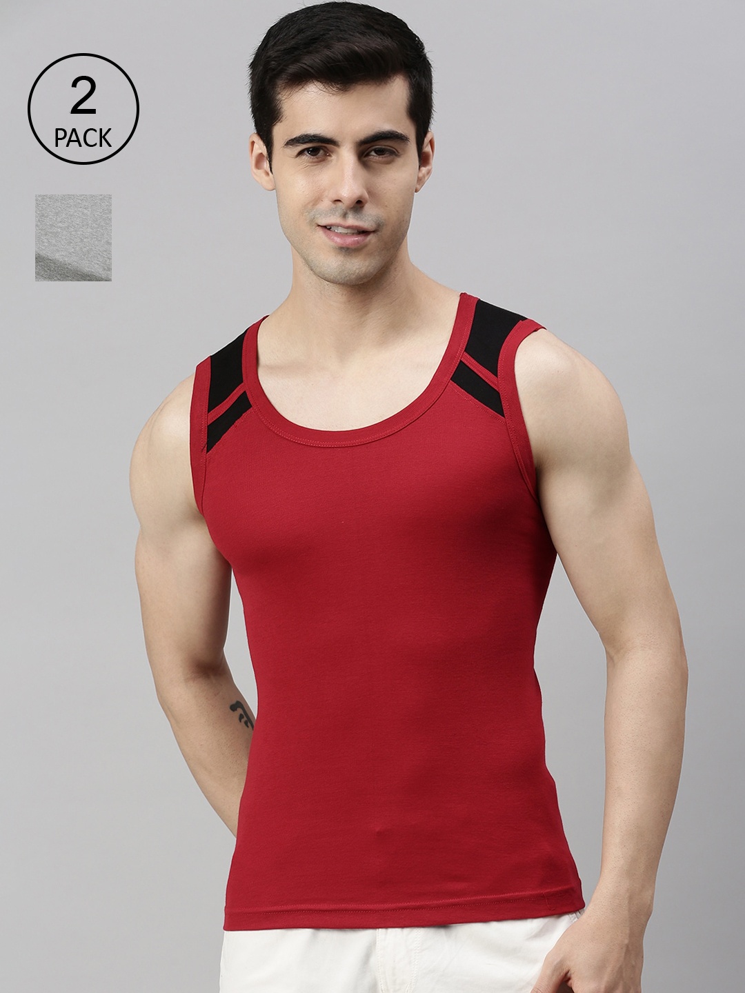 

Lux Cozi Men Pack Of 2 Grey & Red Solid Pure Cotton Innerwear Gym Vests