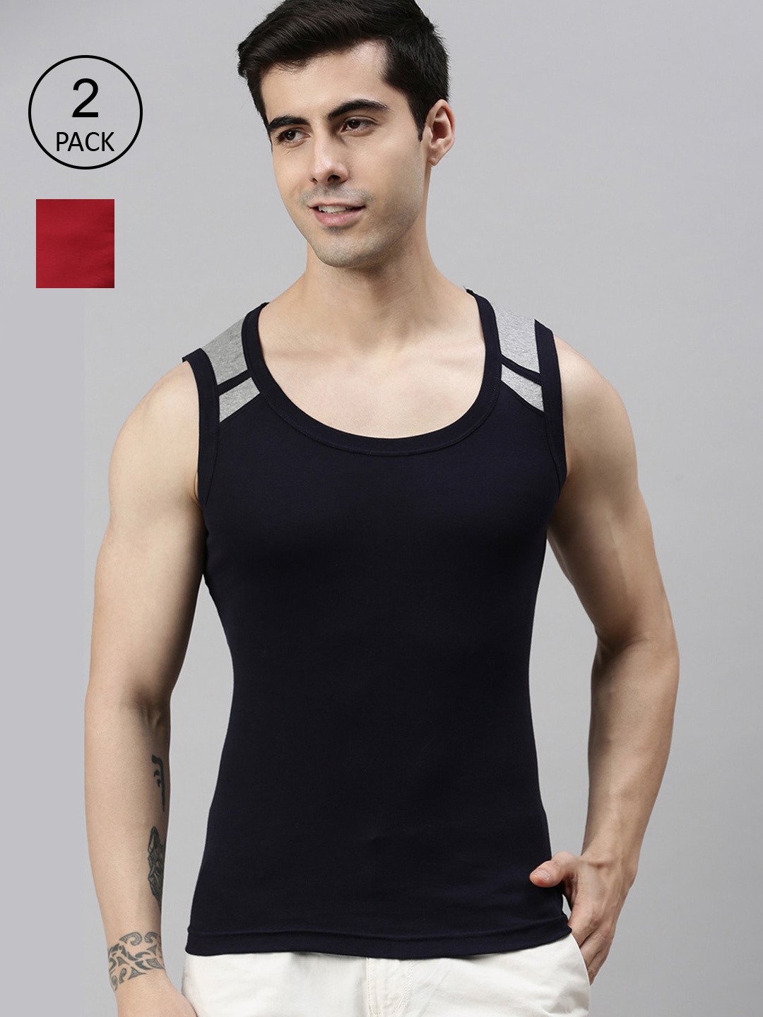 

Lux Cozi Men Pack Of 2 Solid Pure Cotton Innerwear Gym Vests, Navy blue