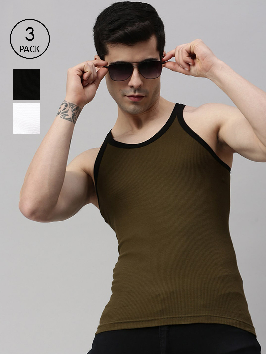 

Lux Cozi Men Pack of 3 Solid Organic Cotton Gym Vests, Olive
