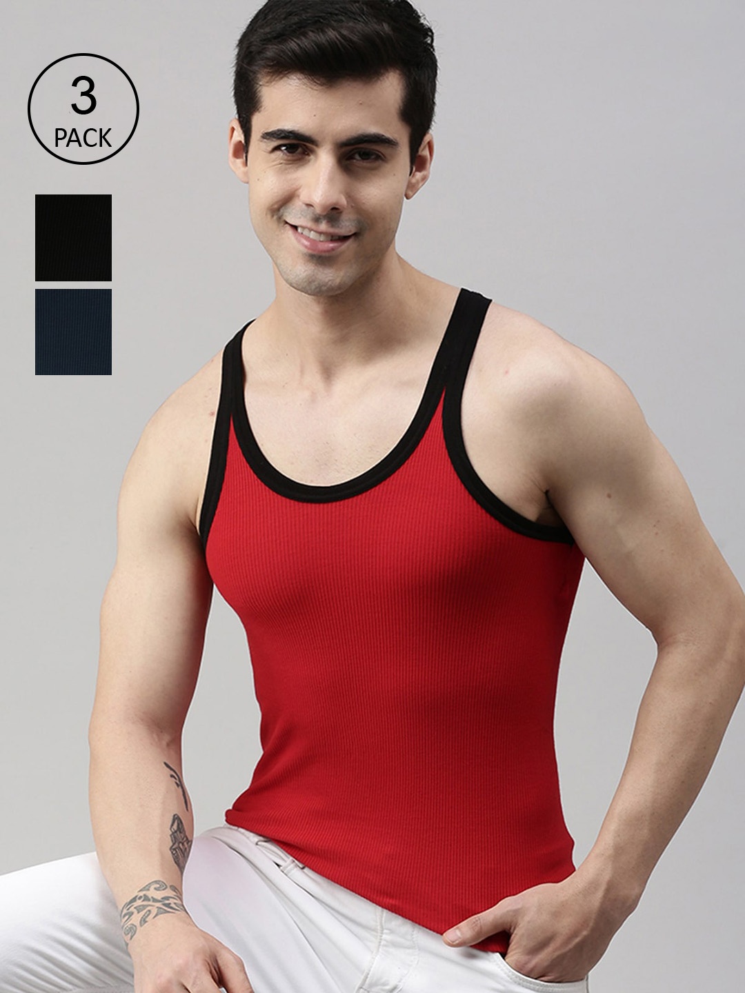 

Lux Cozi Men Pack Of 3 Black & Red Solid Innerwear Vests