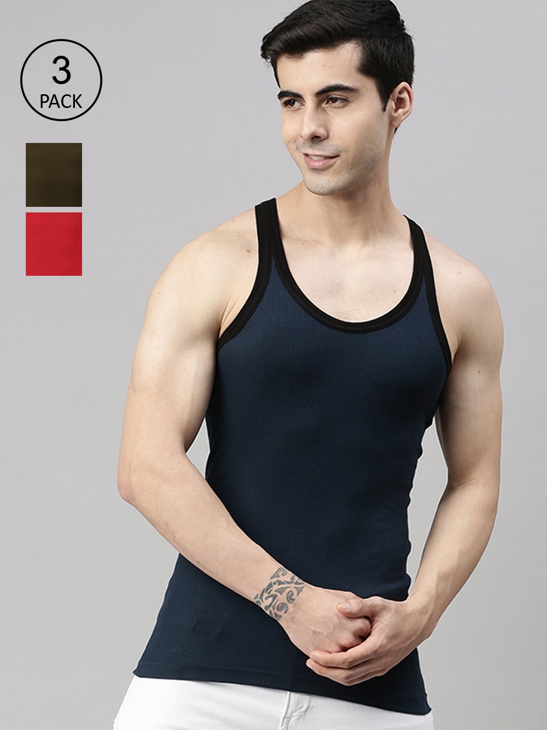

Lux Cozi Men Pack Of 3 Solid Cotton Innerwear Vests, Blue