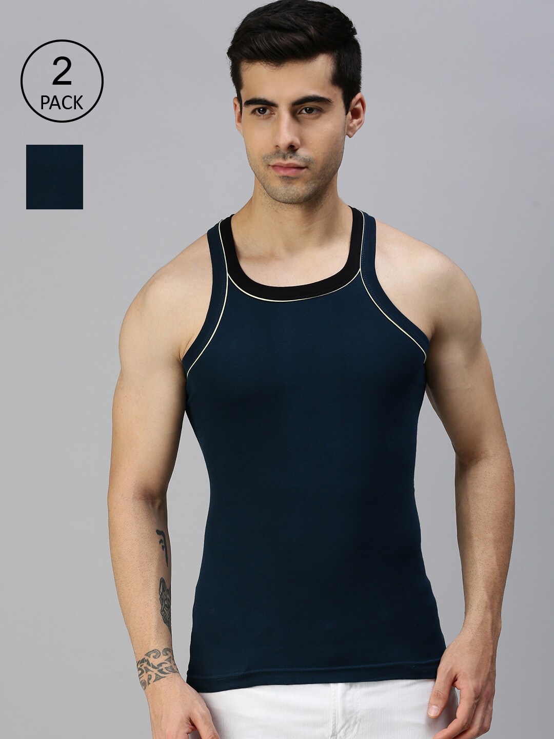 

Lux Cozi Men Pack Of 2 Navy Blue Solid Pure Cotton Innerwear Vests