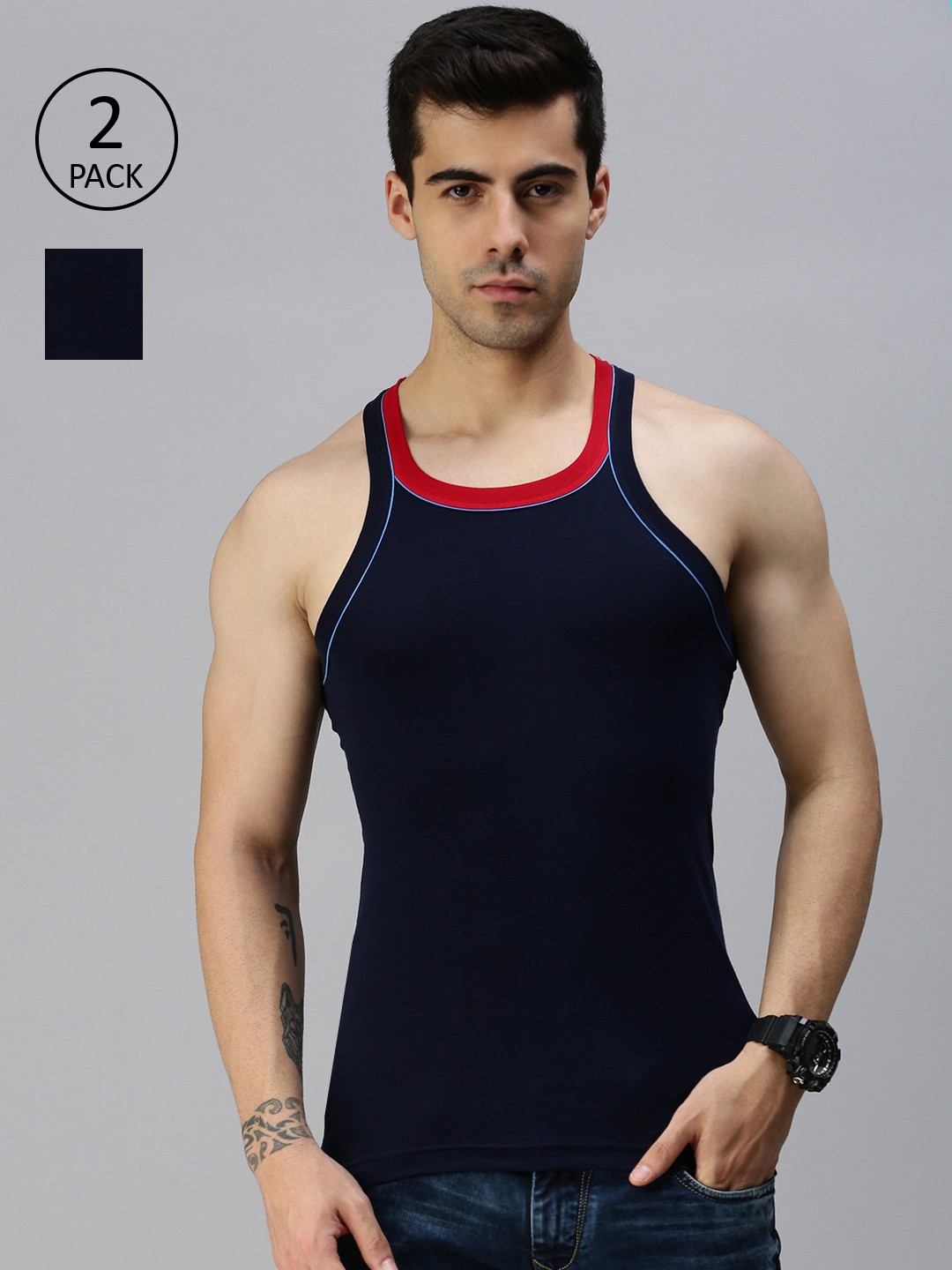 

Lux Cozi Men Pack Of 2 Navy Blue Solid Cotton Innerwear Vests