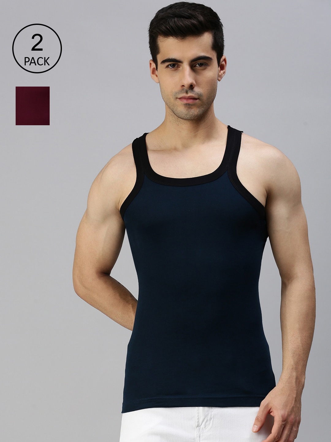 

Lux Cozi Men Pack Of 2 Solid Pure Cotton Gym Vests, Blue