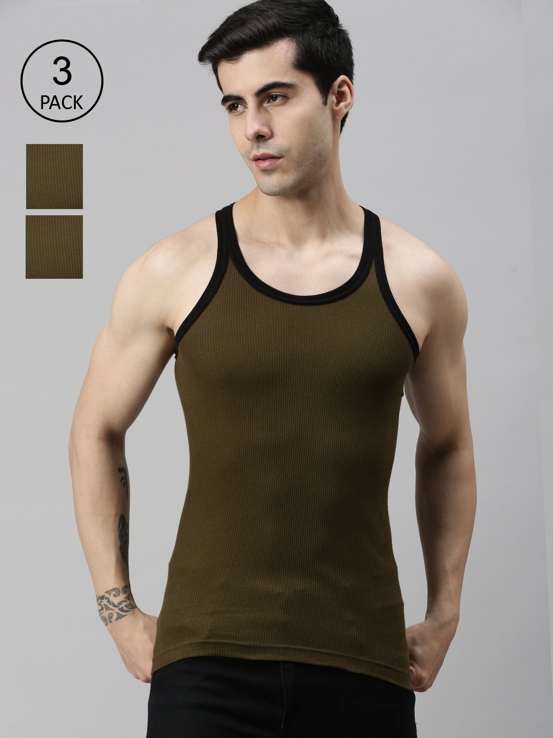 

Lux Cozi Men Pack of 3 Olive Green Solid Organic Cotton Gym Vests