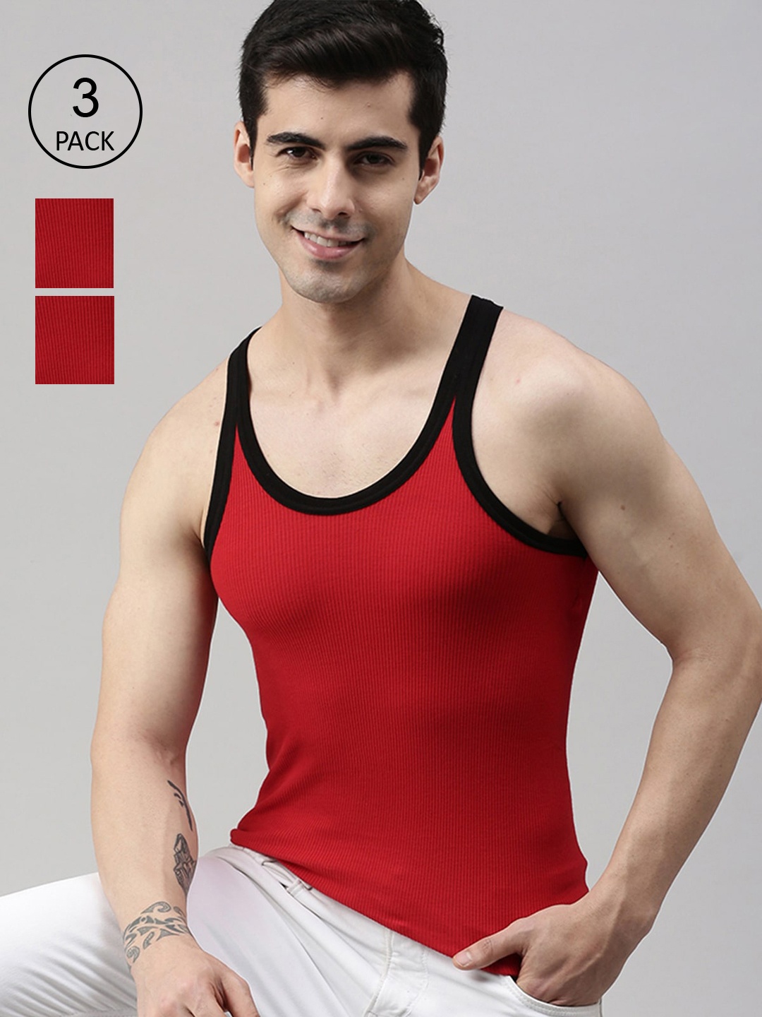 

Lux Cozi Men Pack Of 3 Red Solid Organic Cotton Gym Innerwear Vests